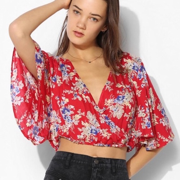 Urban Outfitters Tops - Urban Outfitters red floral crop-top v-neck